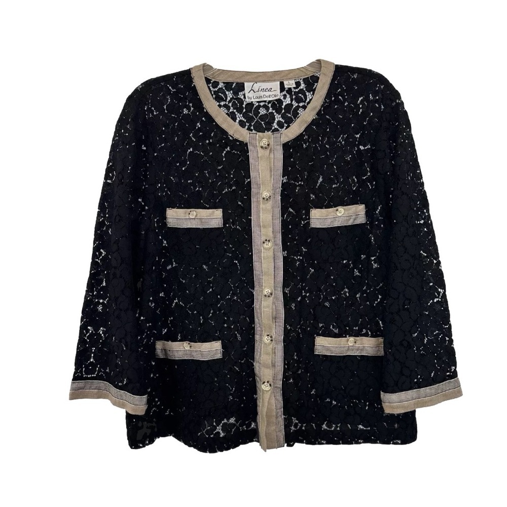 Linea Louis Dell'Olio Black Floral Lace Elegant Jacket Top Size Large 3/4 Sleeve